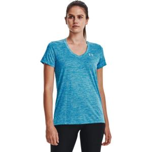 imageUnder Armour Womens Tech VNeck Twist ShortSleeve TShirt422 Capri  Fuse Teal  Metallic Silver
