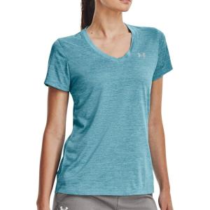 imageUnder Armour Womens Tech VNeck Twist ShortSleeve TShirt433 Glacier Blue  White  Metallic Silver