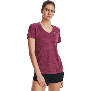 imageUnder Armour Womens Tech VNeck Twist ShortSleeve TShirt635 Charged Cherry  Rebel Pink  Metallic Silver