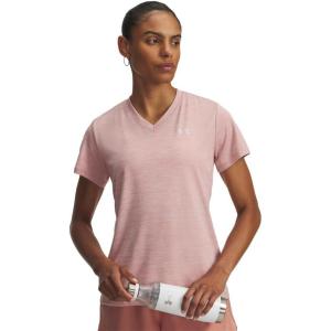 imageUnder Armour Womens Velocity Twist Short Sleeve V Neck T Shirt696 Canyon Pink   Metallic Silver