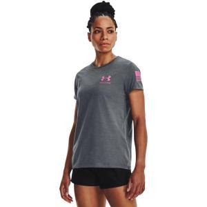 imageUnder Armour Womens New Freedom Logo TShirt012 Pitch Gray Medium Heather   Pink Edge