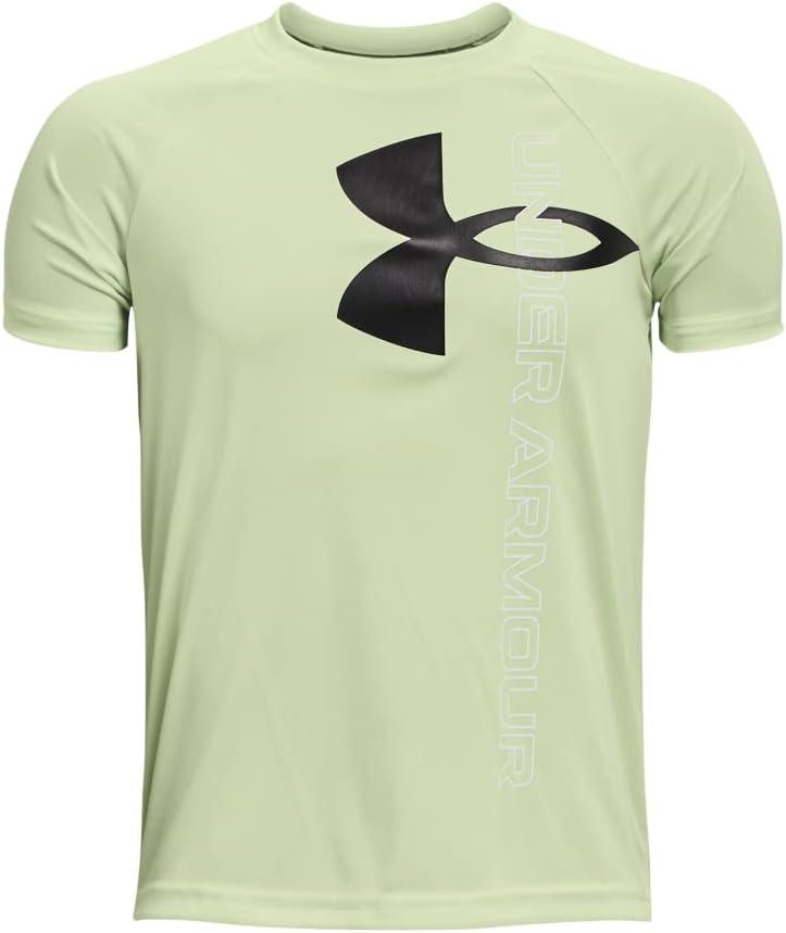 imageUnder Armour Boys Tech Split Logo Hybrid ShortSleeve TShirt371 Phosphor Green   Black