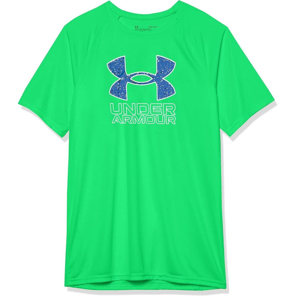 imageUnder Armour Boys Tech Hybrid Printed Fill ShortSleeve TShirt328 Extreme Green   Versa Blue