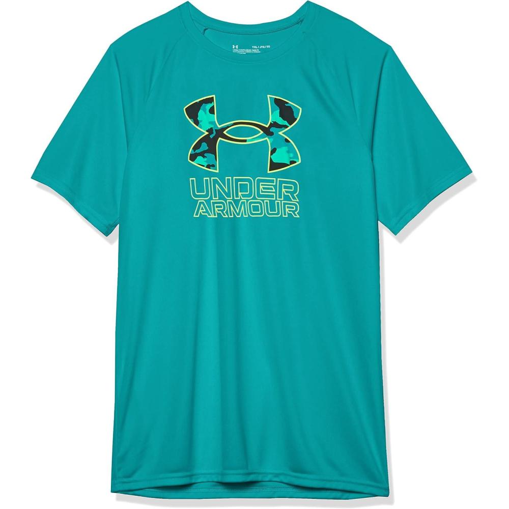 imageUnder Armour Boys Tech Hybrid Printed Fill ShortSleeve TShirt722 Coastal Teal   Lime Surge