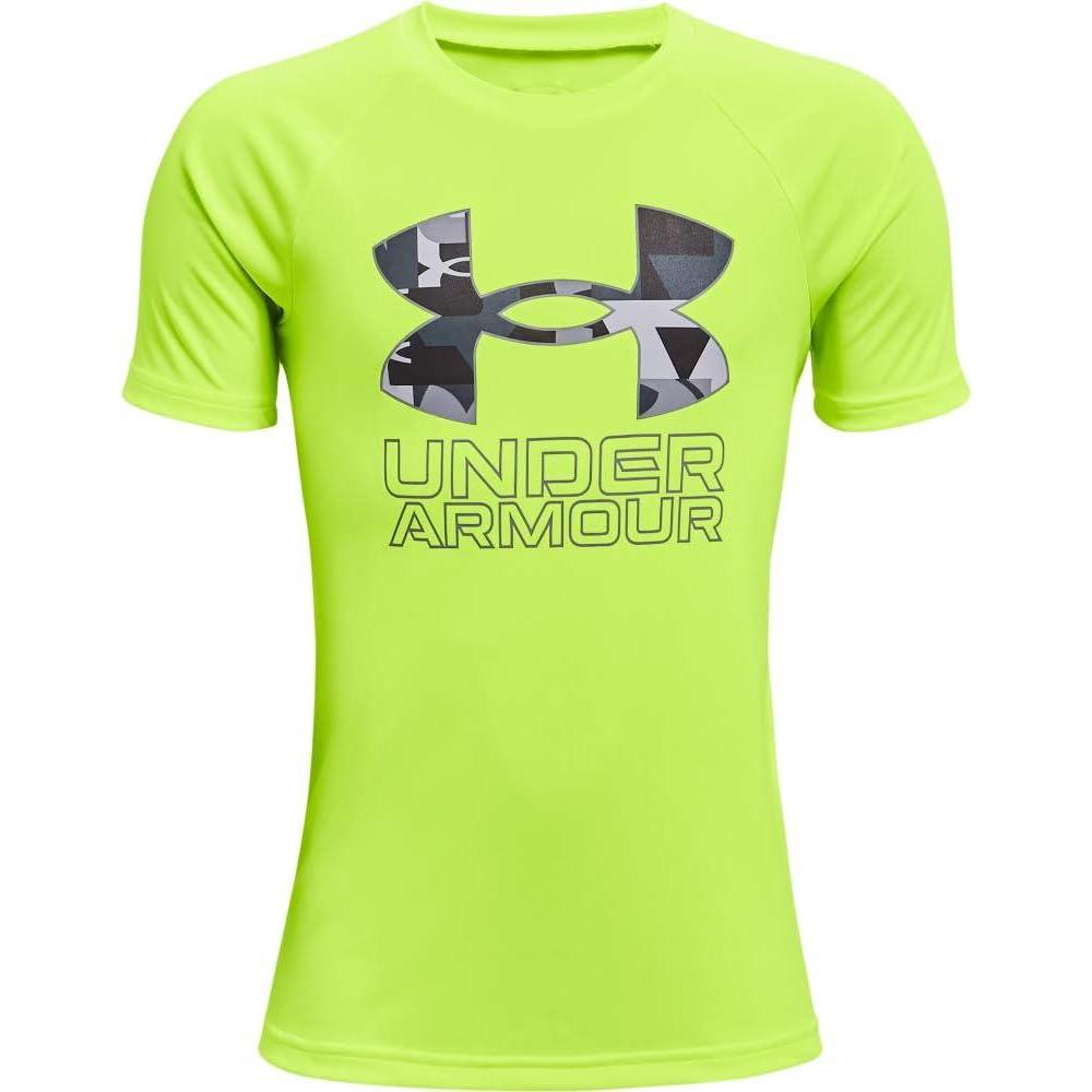 imageUnder Armour Boys Tech Hybrid Printed Fill ShortSleeve TShirtHighvis Yellow 731Pitch Gray