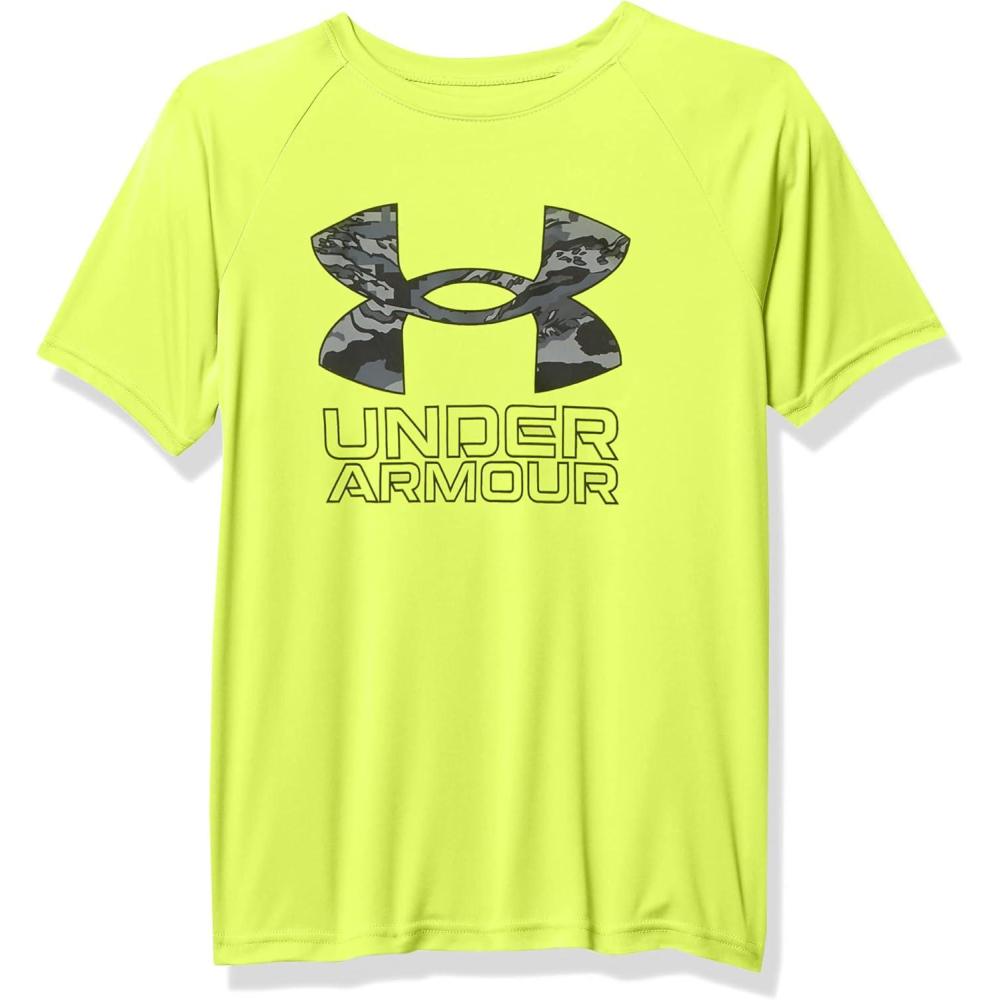 imageUnder Armour Boys Tech Hybrid Printed Fill ShortSleeve TShirtHighvis Yellow 732Halo Gray
