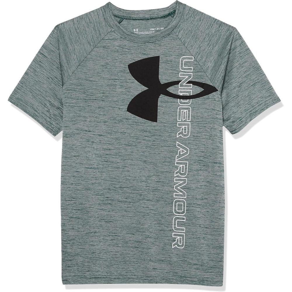 imageUnder Armour Boys Tech Split Logo Hybrid ShortSleeve TShirt323 Greenwood Light Heather   Black