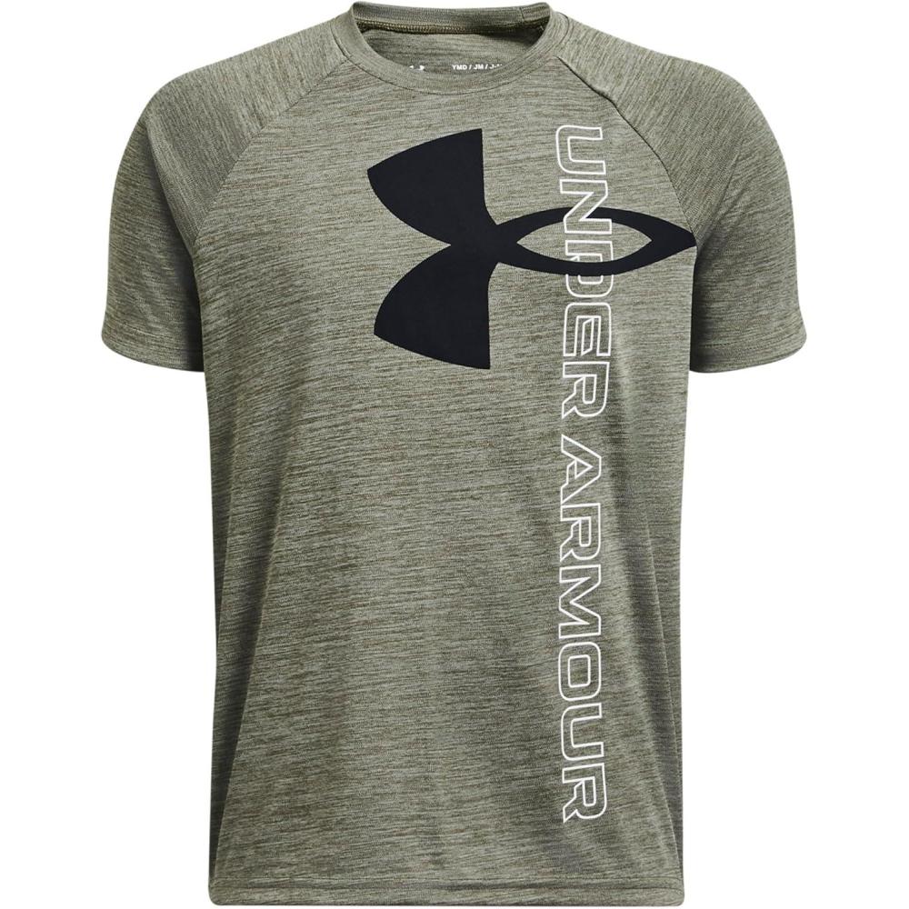 imageUnder Armour Boys Tech Split Logo Hybrid ShortSleeve TShirt392 Marine Od Green   Black