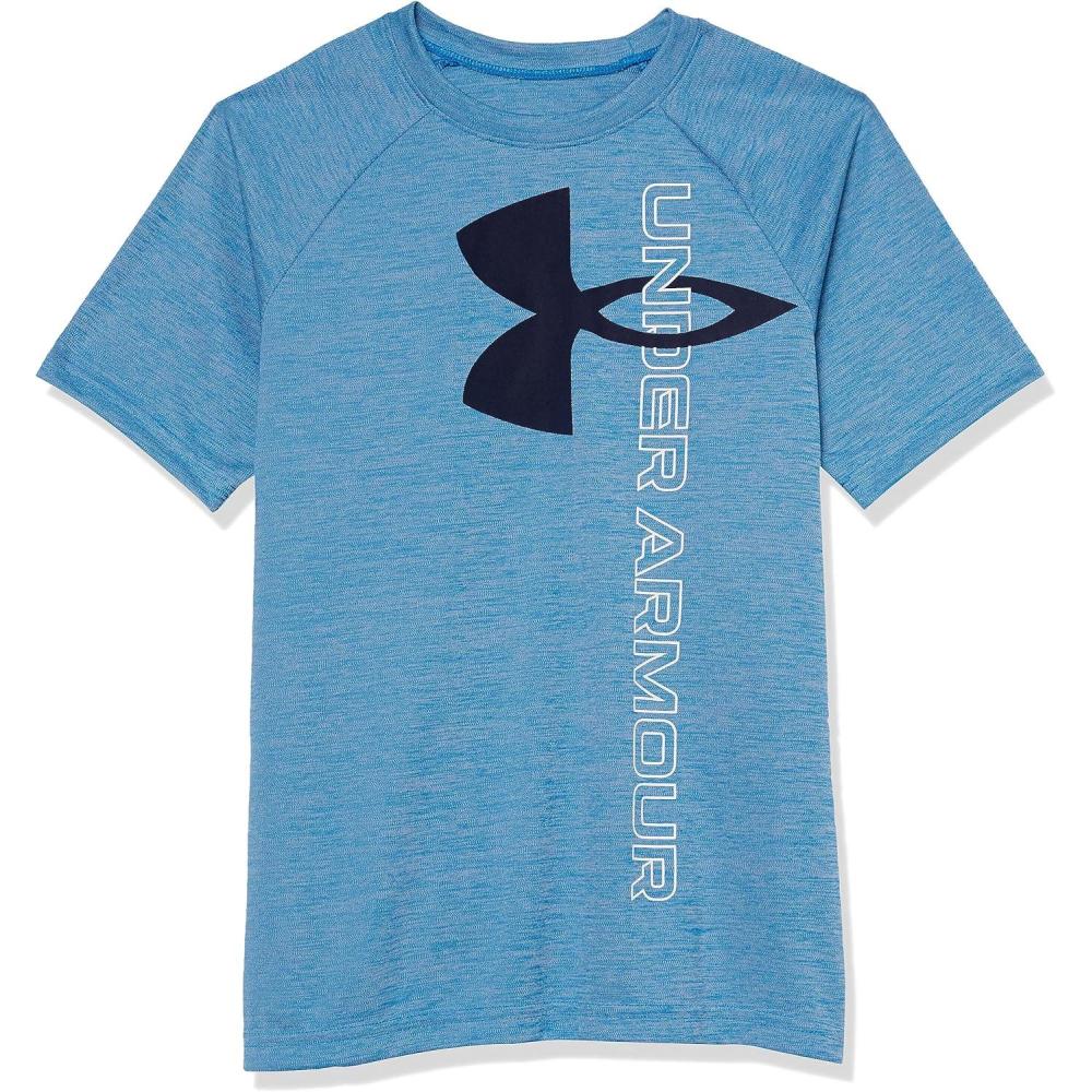imageUnder Armour Boys Tech Split Logo Hybrid ShortSleeve TShirt467 Cosmic Blue   Midnight Navy