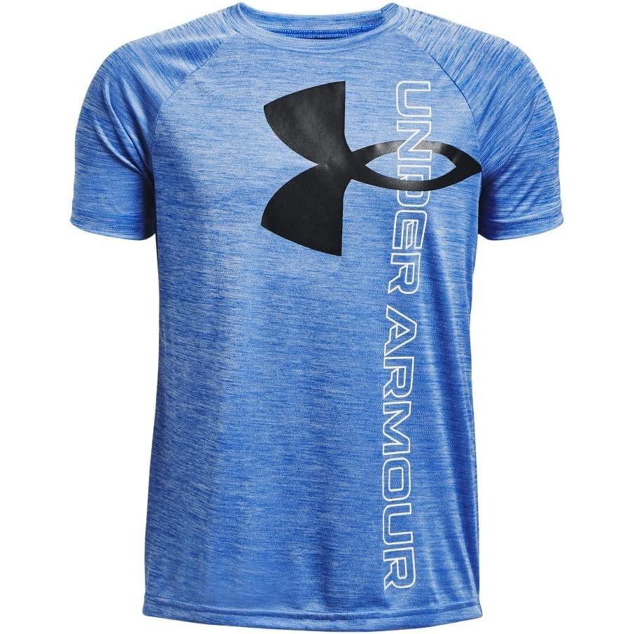 imageUnder Armour Boys Tech Split Logo Hybrid ShortSleeve TShirt486 Versa Blue   Black