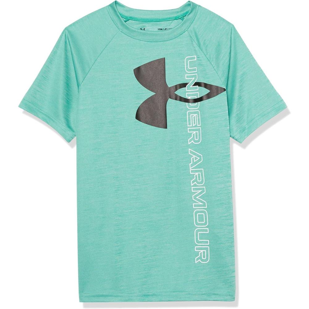imageUnder Armour Boys Tech Split Logo Hybrid ShortSleeve TShirt508 Birdie Green   Black