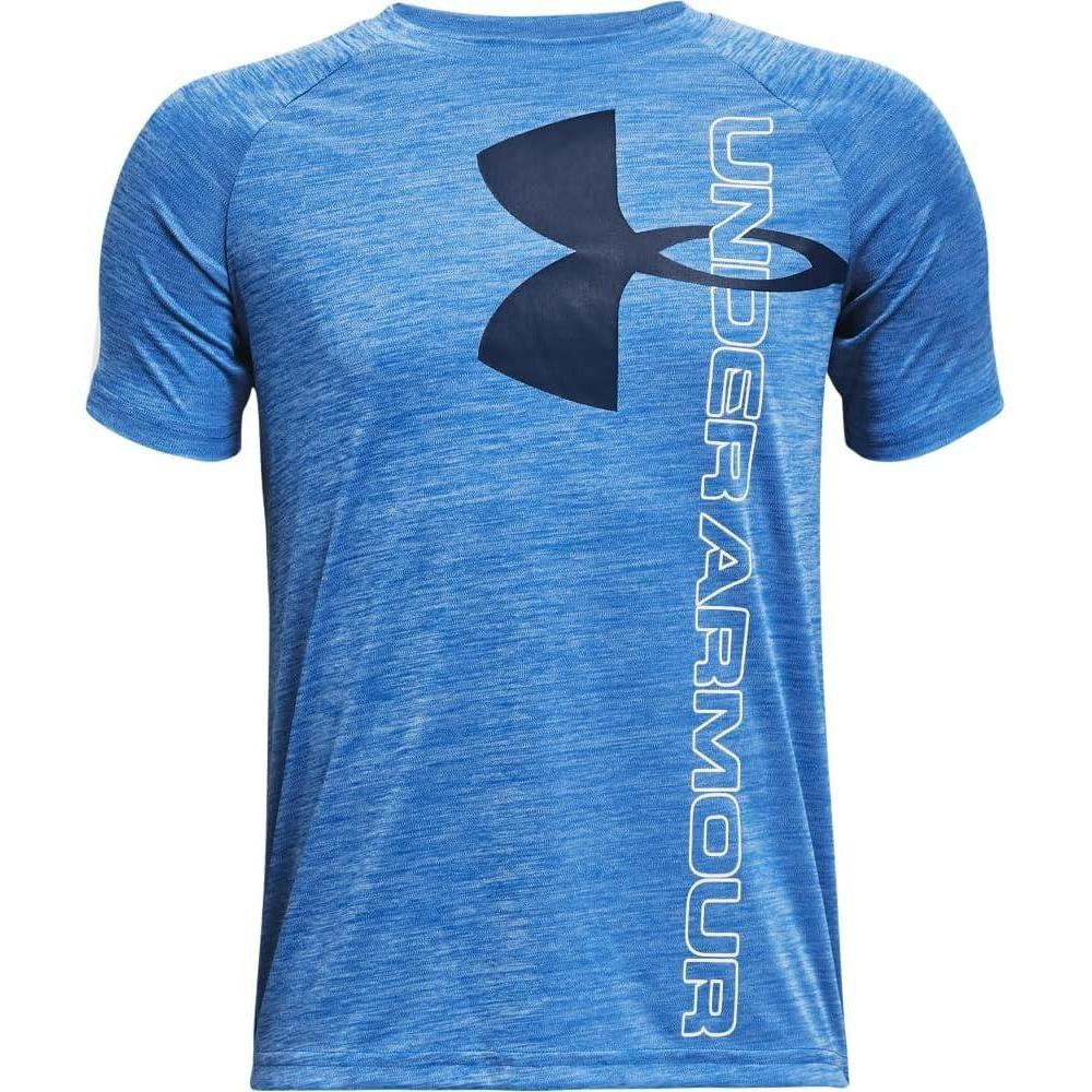 imageUnder Armour Boys Tech Split Logo Hybrid ShortSleeve TShirtBlue Circuit 436Academy Blue