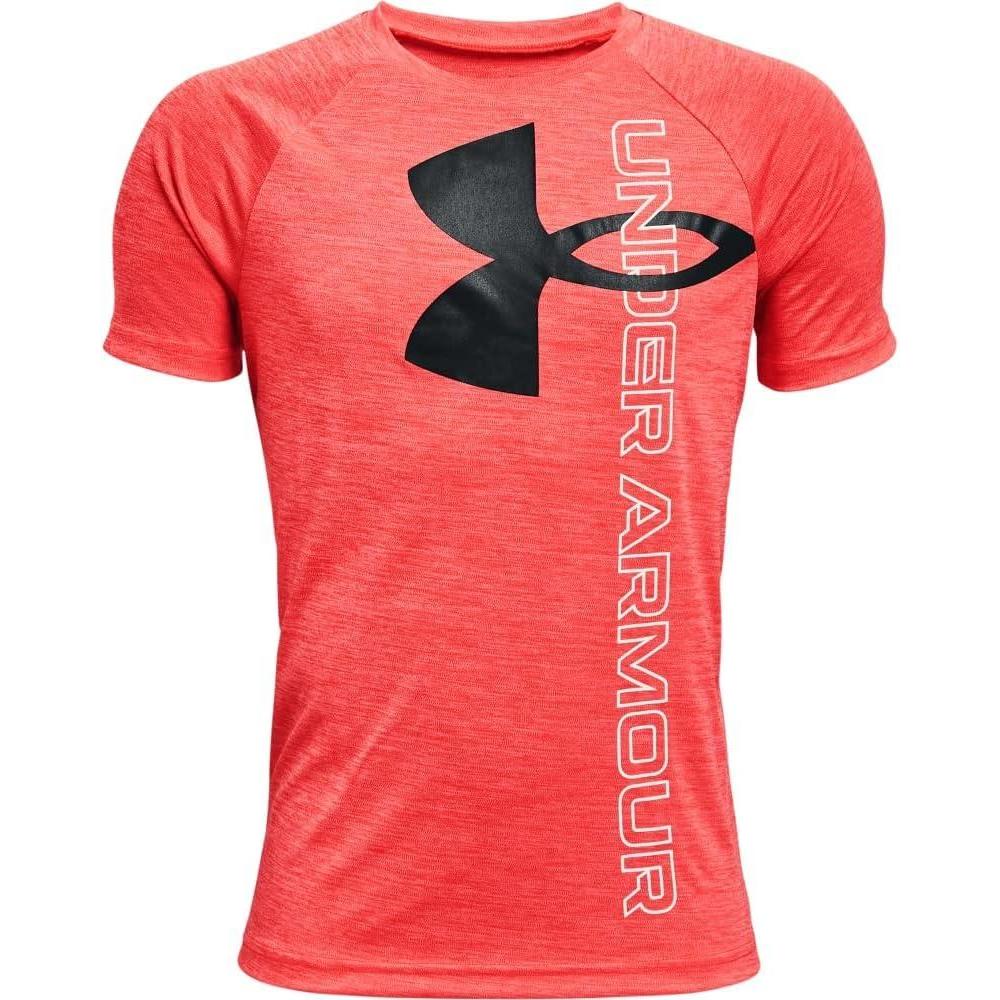 imageUnder Armour Boys Tech Split Logo Hybrid ShortSleeve TShirtVenom Red 690Black