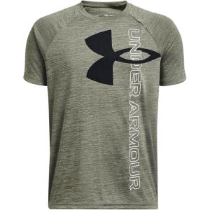 imageUnder Armour Boys Tech Split Logo Hybrid ShortSleeve TShirt392 Marine Od Green   Black