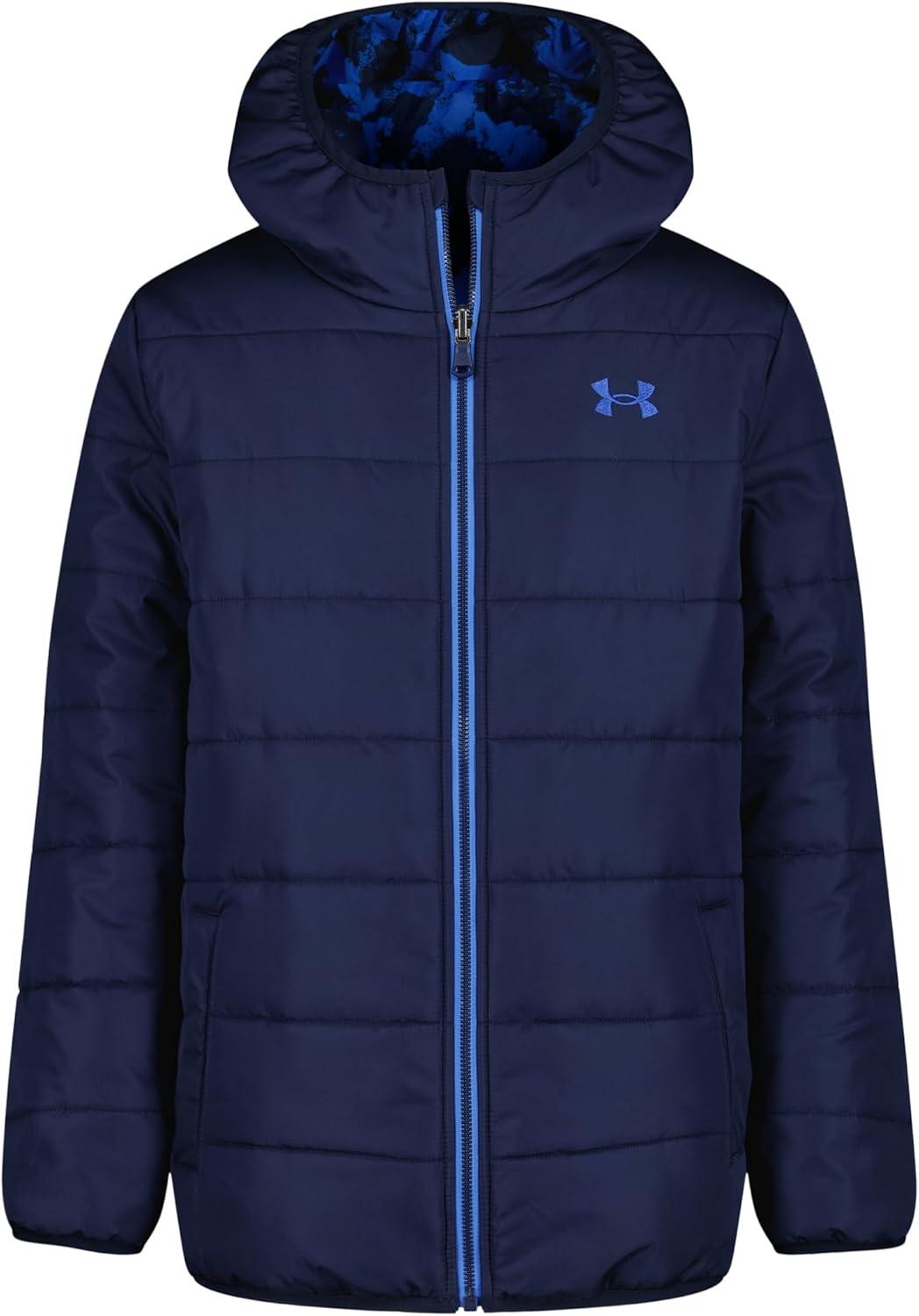 imageUnder Armour Boys Pronto Puffer Jacket MidWeight Zip Up Closure Repels WaterWashed Navy Reversible