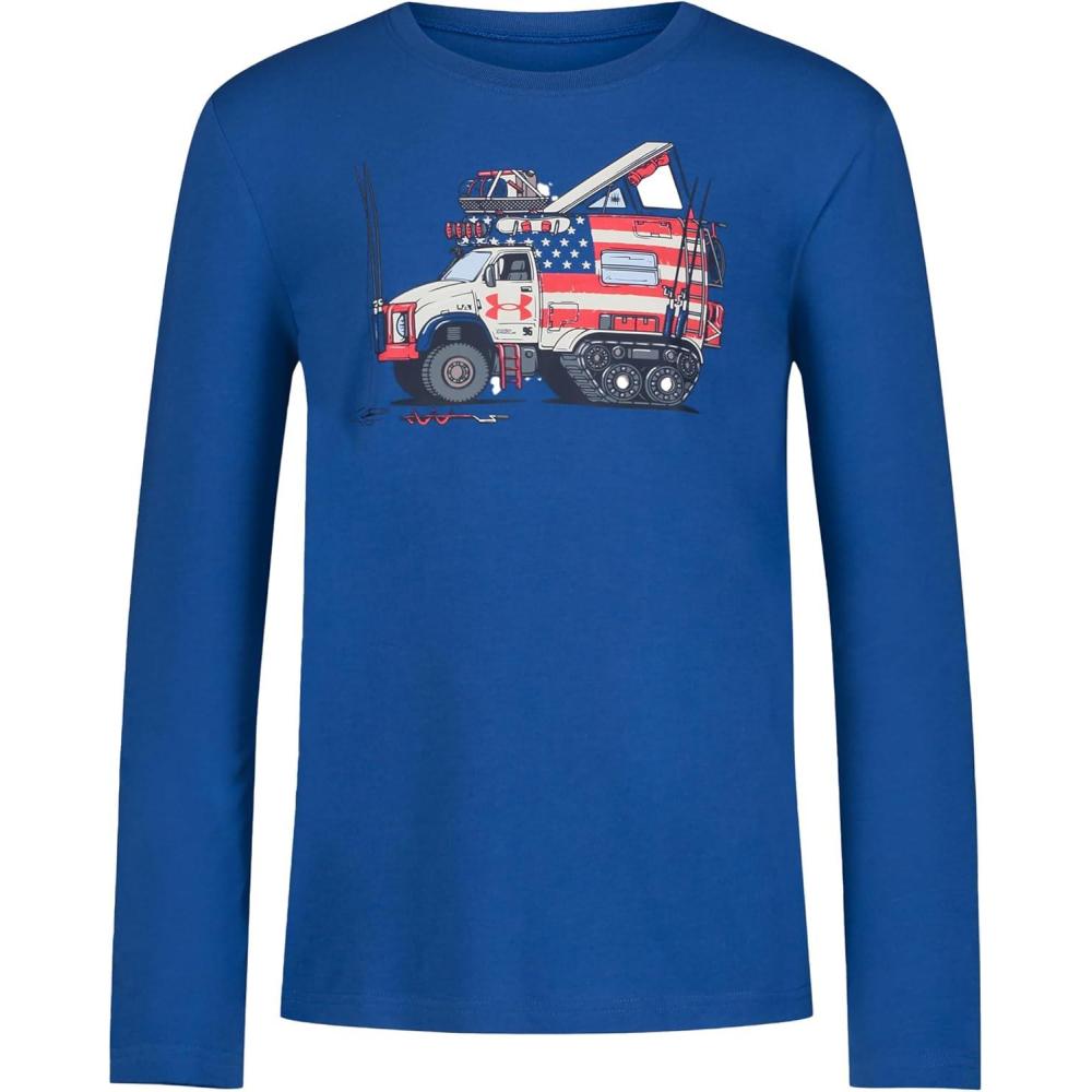 imageUnder Armour Boys Outdoor Long Sleeve Tee Stylish Crew Neckline Cute Full FitTech Blue Snow Cat
