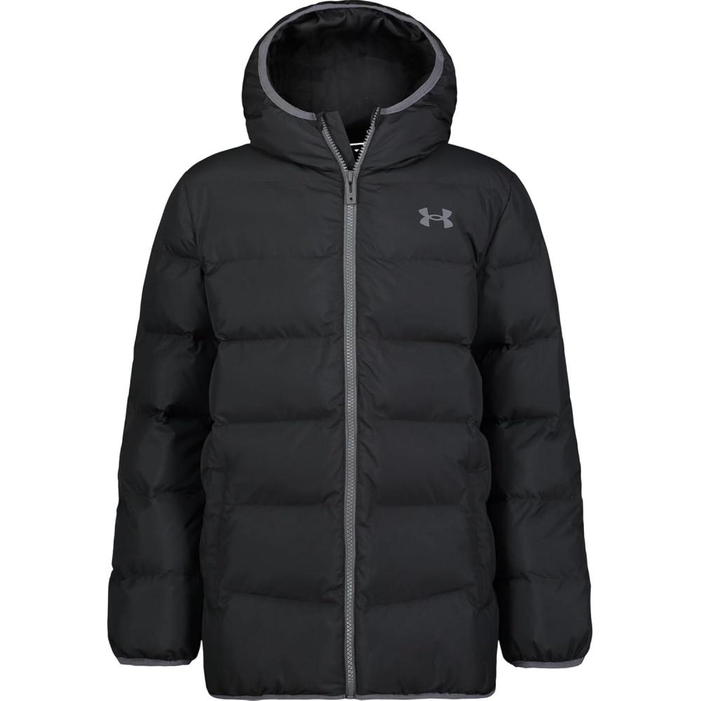 imageUnder Armour Boys Pronto Puffer Jacket MidWeight Zip Up Closure Repels WaterBlack With Grey Zipper