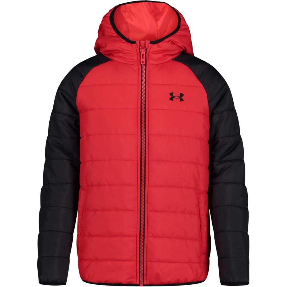 imageUnder Armour Boys Pronto Puffer Jacket MidWeight Zip Up Closure Repels WaterRed Raglan
