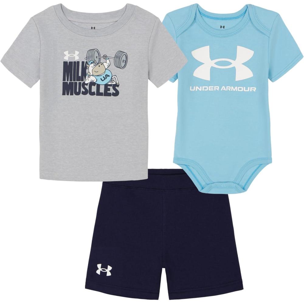 imageUnder Armour babyboys 3piece Set Bodysuit Graphic Tshirt and Shorts Crew NecklineNavy Milk Muscle
