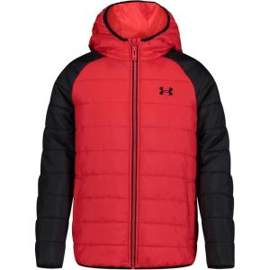 imageUnder Armour Boys Pronto Puffer Jacket MidWeight Zip Up Closure Repels WaterRed Raglan