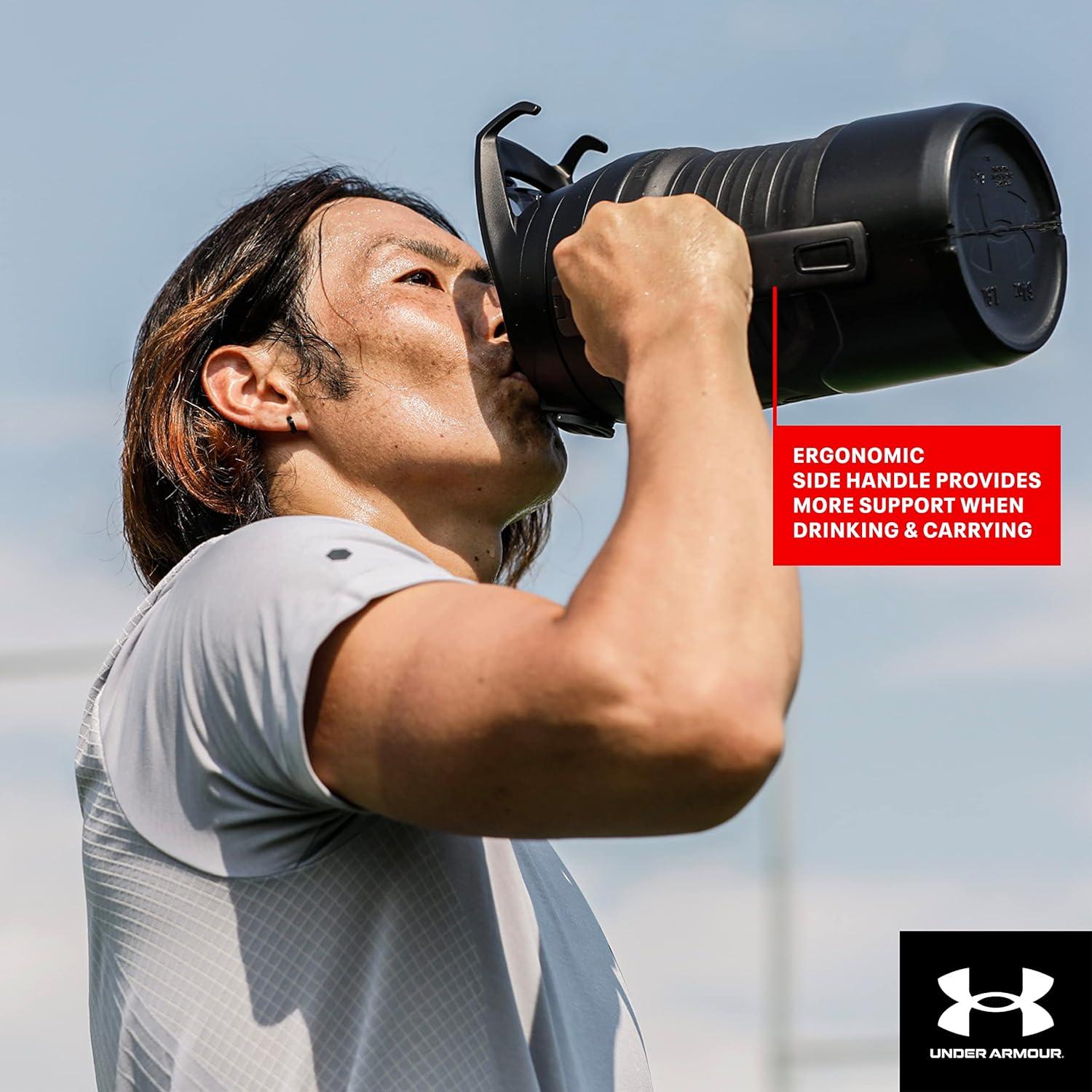 imageUnder Armour Half Gallon Water Bottle Insulated 64oz Insulated Water Bottle with Handle Sports Water Jug Fence Hook Leak Resistant for Baseball Football ampamp MoreWhiteBlack
