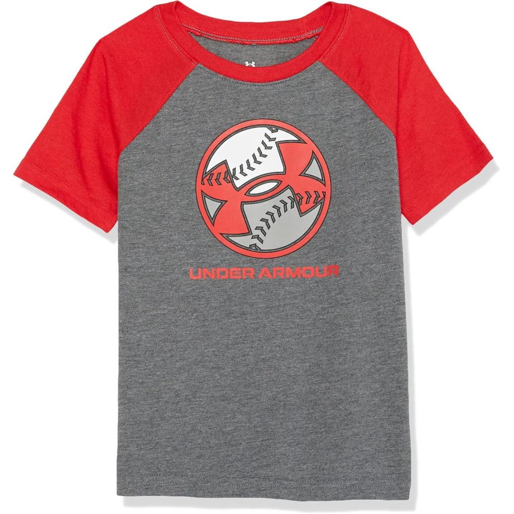 imageUnder Armour Boys Classic Core Logo TShirt Wordmark Print ampamp Baseball Designs Crew NeckPitch Gray Striker
