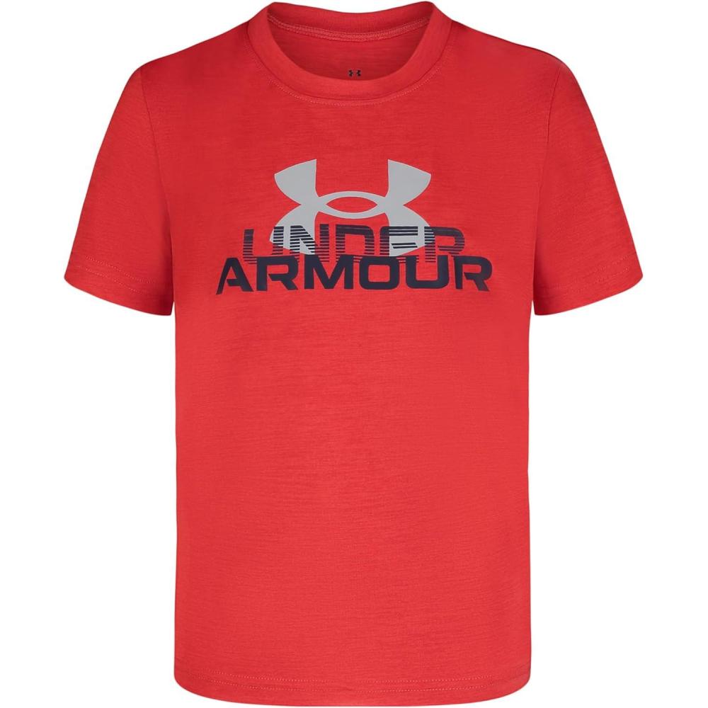 imageUnder Armour Boys Classic Core Logo TShirt Wordmark Print ampamp Baseball Designs Crew NeckRed Fade