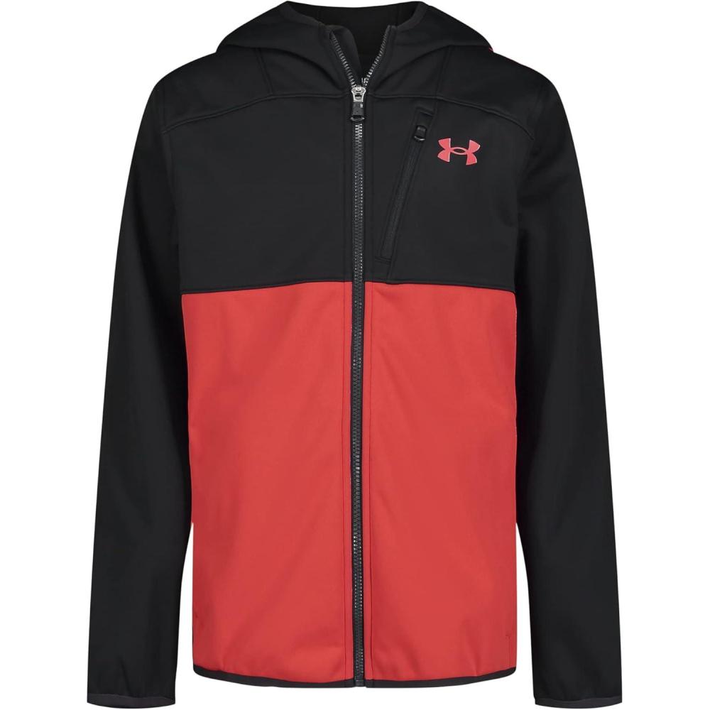 imageUnder Armour Boys Sim Softshell Jacket Hooded with Zipper Closure WaterResistant ampamp LightweightRed Black