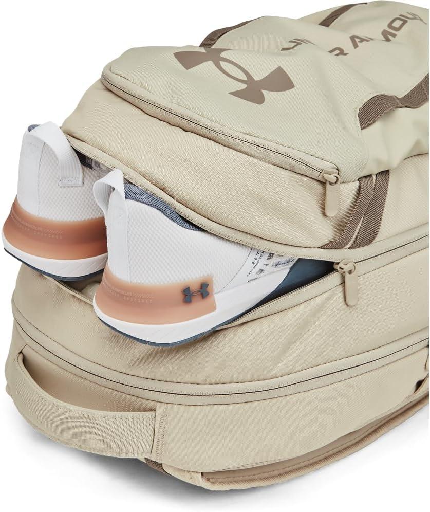 imageUnder Armour UnisexAdult Hustle 60 Backpack 001 BlackBlackMetallic Gold One Size Fits Most289 Khaki Base  Khaki Base  Taupe Dusk