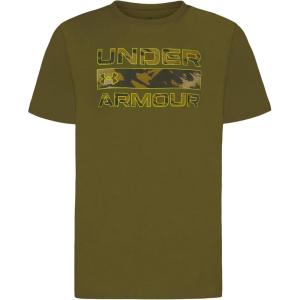 imageUnder Armour Boys Short Sleeve Shirt Crewneck Lightweight and Breathable OutdoorCanteen Green Stacked Logo Tee