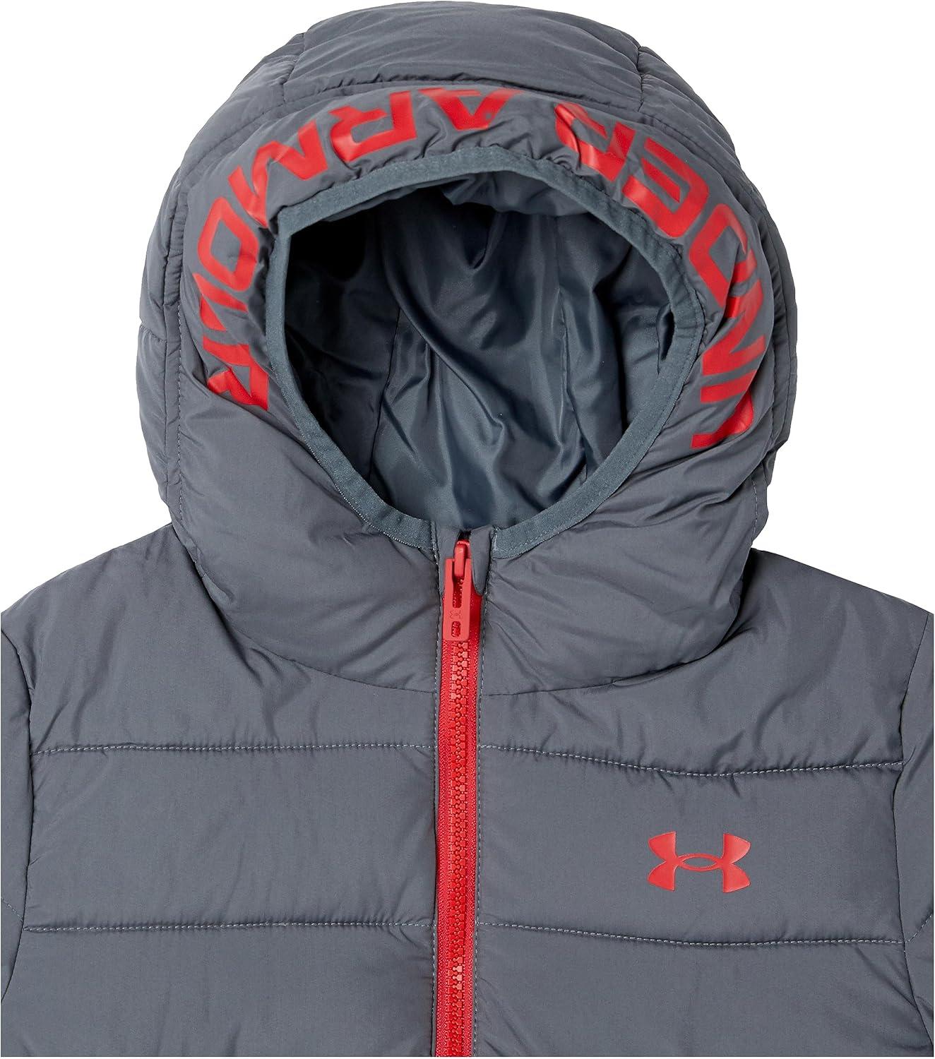 imageUnder Armour boys Pronto Colorblock Puffer Jacket Midweight Zip Up Closure Repels WaterPitch Gray Colorblock
