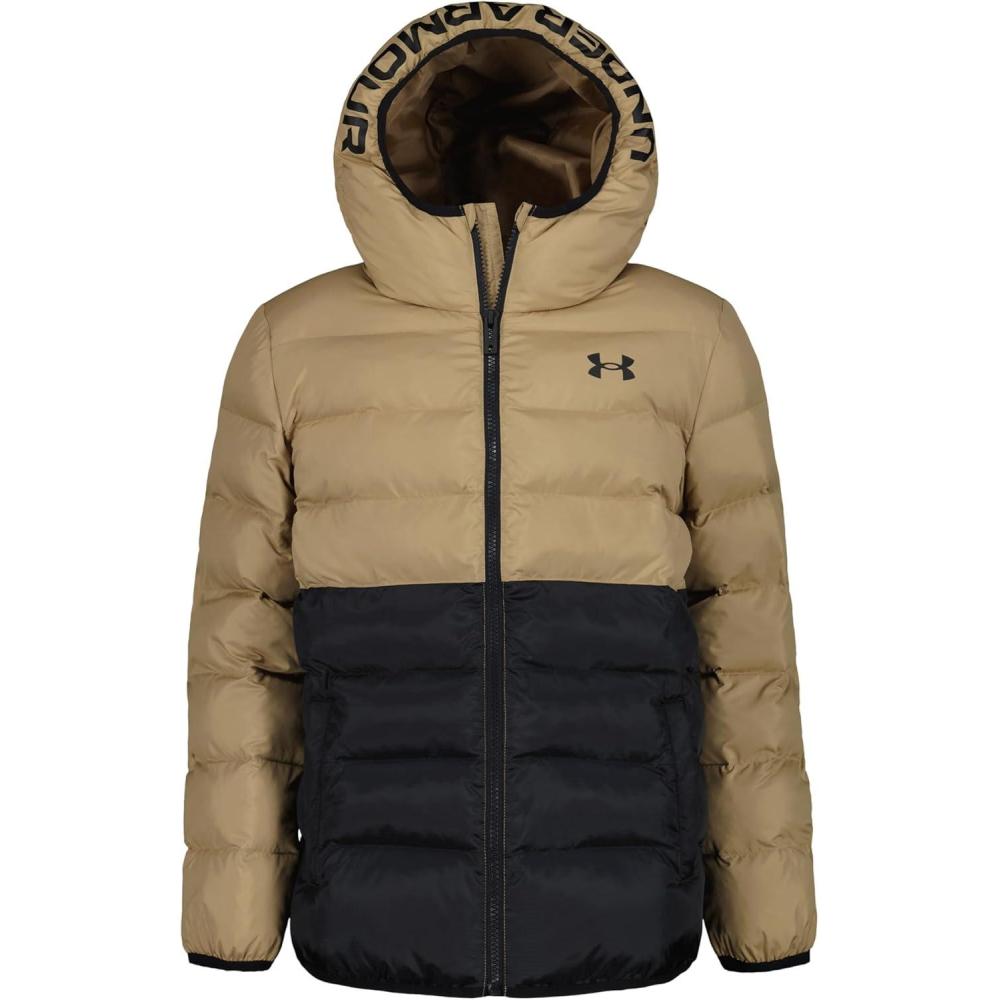 imageUnder Armour boys Pronto Colorblock Puffer Jacket Midweight Zip Up Closure Repels WaterCamel Colorblock