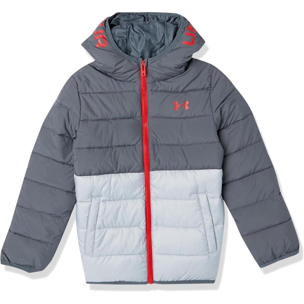 imageUnder Armour boys Pronto Colorblock Puffer Jacket Midweight Zip Up Closure Repels WaterPitch Gray Colorblock