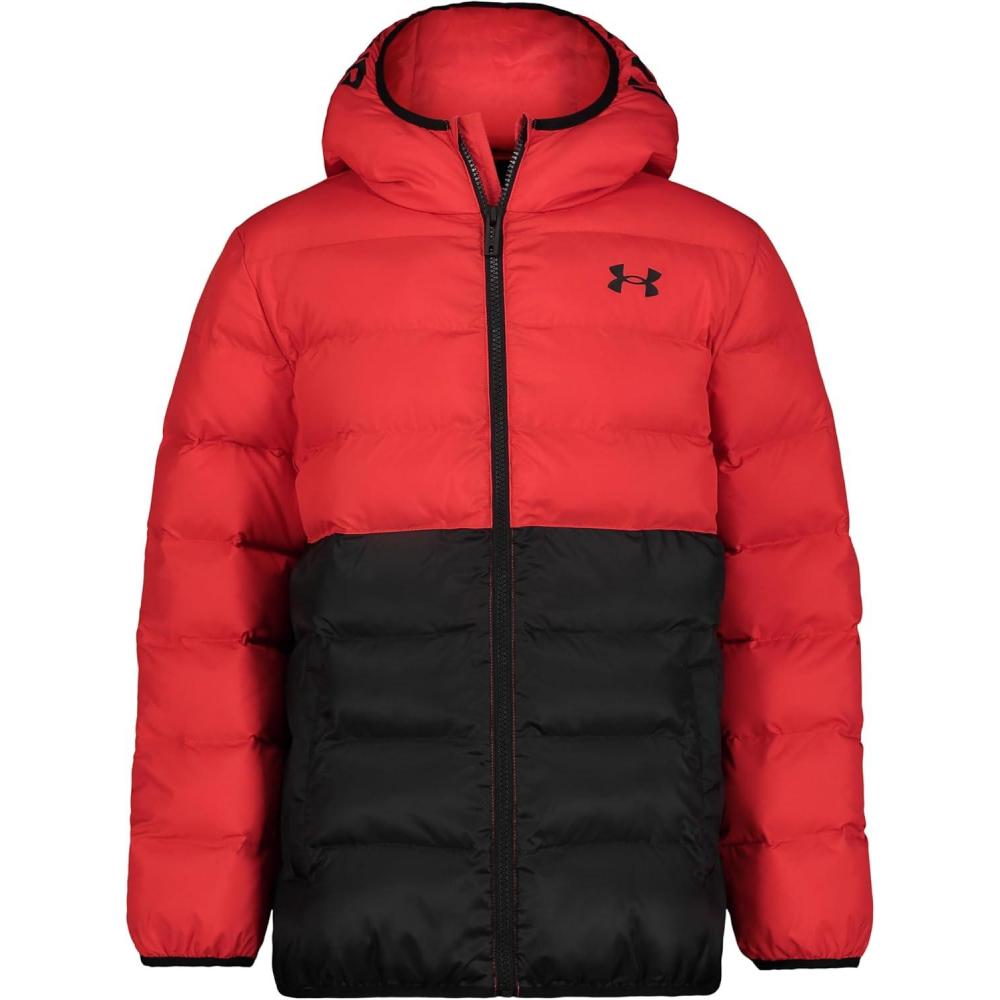 imageUnder Armour boys Pronto Colorblock Puffer Jacket Midweight Zip Up Closure Repels WaterRed